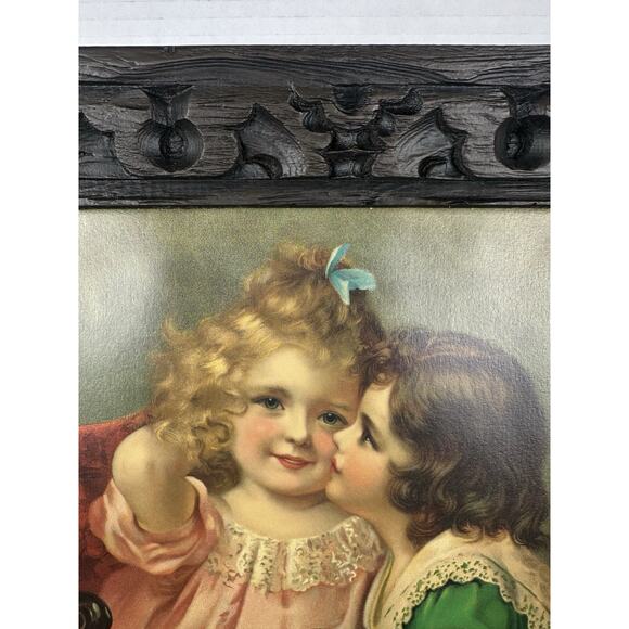 Vintage Victorian Lithograph Boy & Girl Print In Solid Wood Frame 20” X 24” - Picture 3 of 10